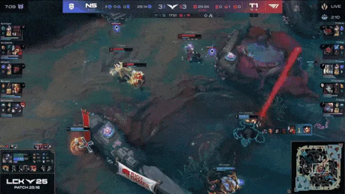 LCK：Keria波比闪现回身钉墙AD，T1和NS河道团打成3换3